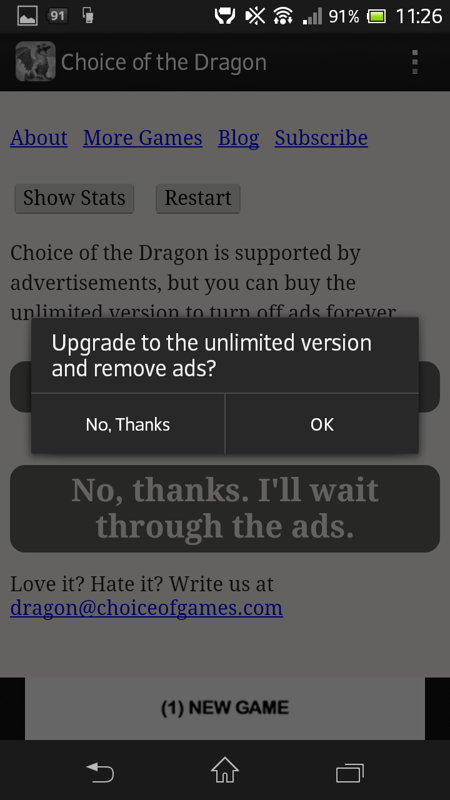 Choice of the Dragon (Android) screenshot: The Choice of Games business model