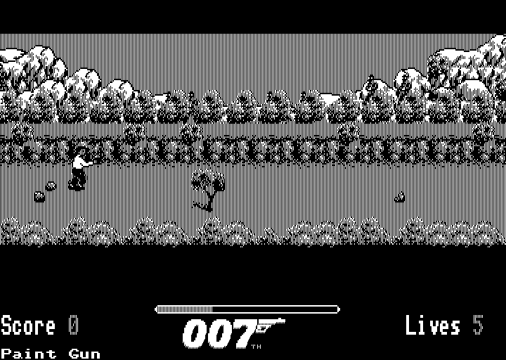 James Bond 007 in The Living Daylights: The Computer Game (Amstrad PCW) screenshot: Bond is under attack by armed terrorists