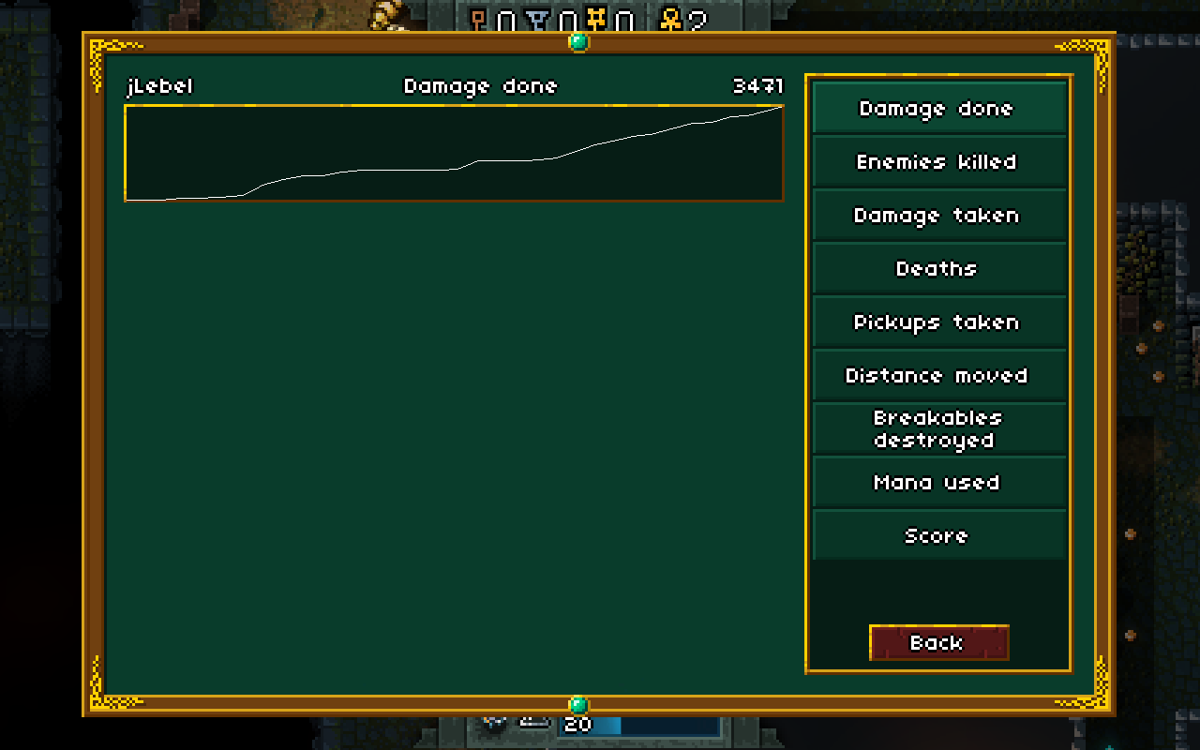 Hammerwatch (Windows) screenshot: Statistics are maintained such as steps taken, damage given, this is the screen to check that.
