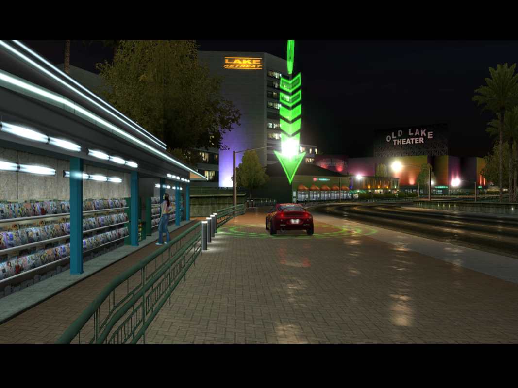 SRS: Street Racing Syndicate (Windows) screenshot: There are various points of interest around the game world. Drive over them to initiate a mission or something else