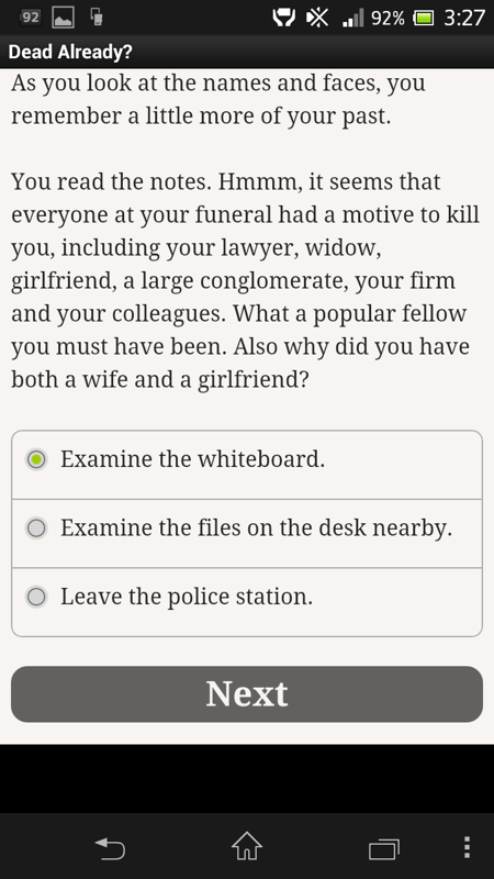 Dead Already? (Android) screenshot: Gathering information about this dead guy's life...