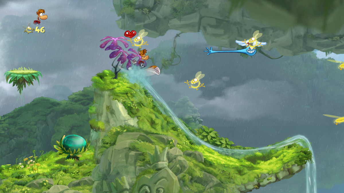 Rayman Origins (Windows) screenshot: Those blue things capture you in mid-air