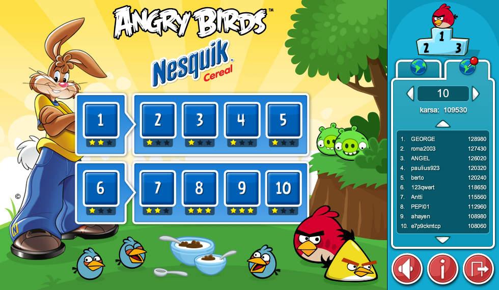 Angry Birds: Breakfast (Browser) screenshot: All levels completed, stars show overall points for each level