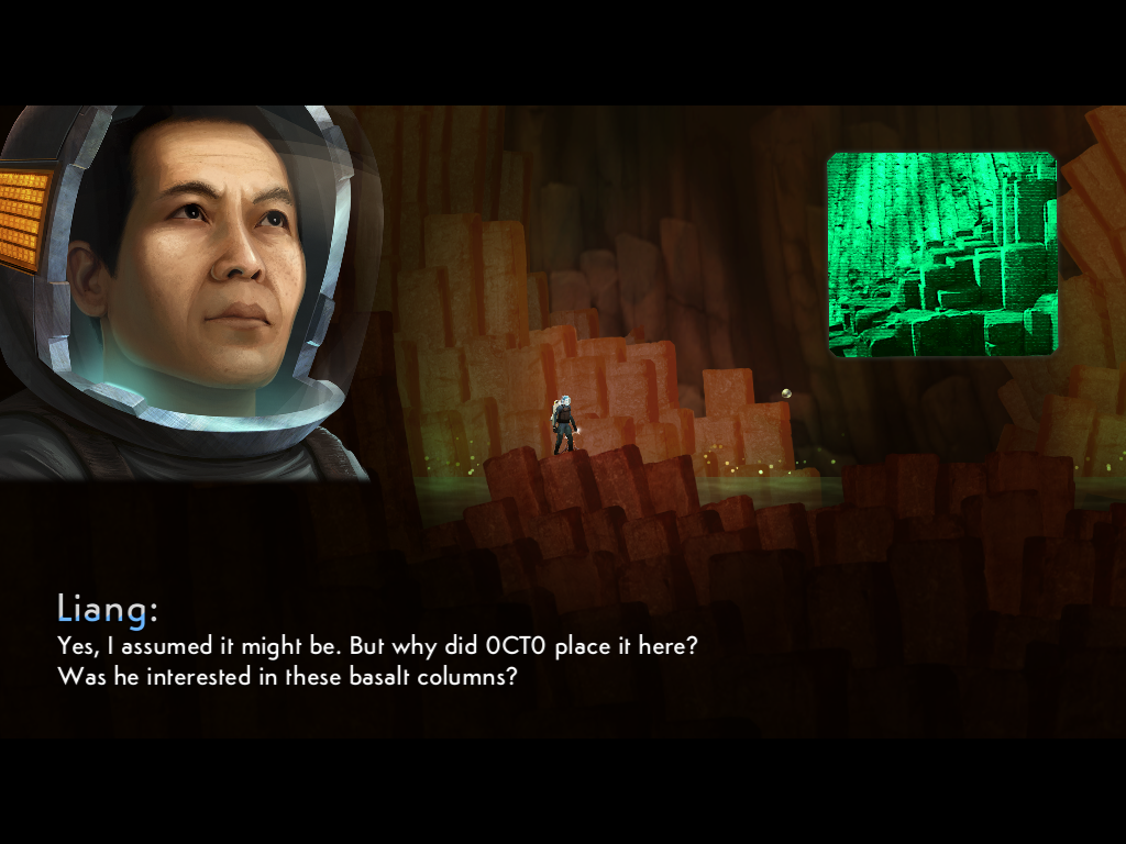 Waking Mars (Windows) screenshot: Liang has found the first of several modules left behind by OCTO.