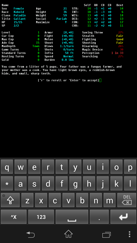 Angband (Android) screenshot: If you're happy with your character, let's begin