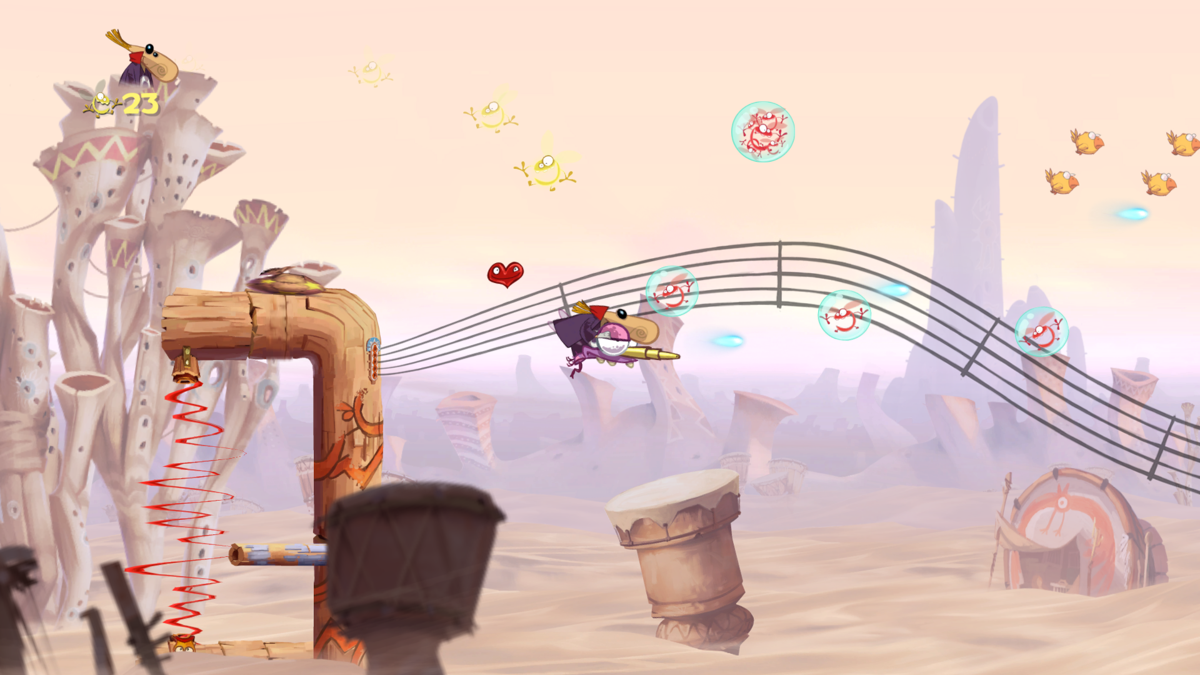 Rayman Origins (Windows) screenshot: Don't forget to collect those lums while you're shooting it up