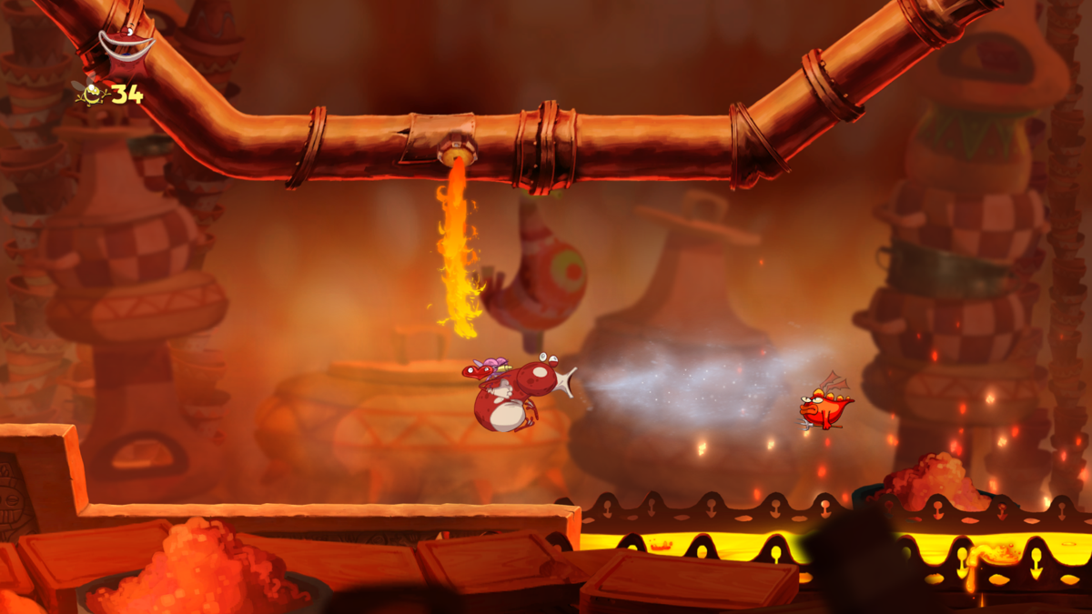 Rayman Origins (Windows) screenshot: In shmup stages you can suck in the monsters and spit them out later to cause some damage