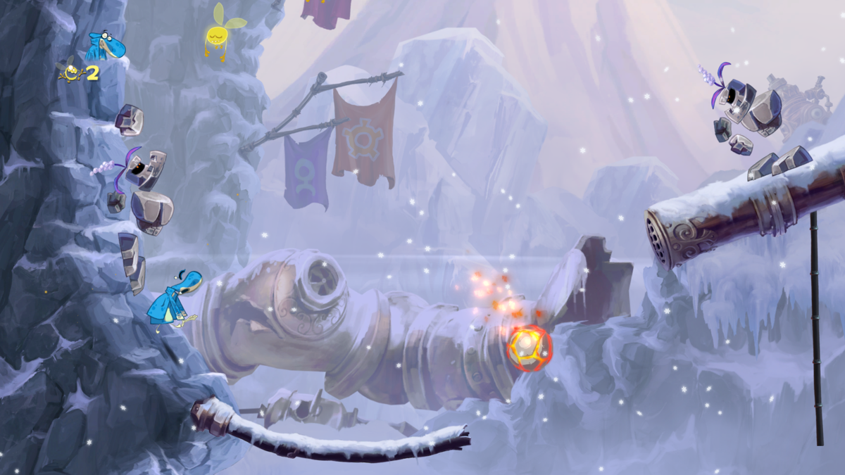 Rayman Origins (Windows) screenshot: In the mountains with two fireball-throwing golems