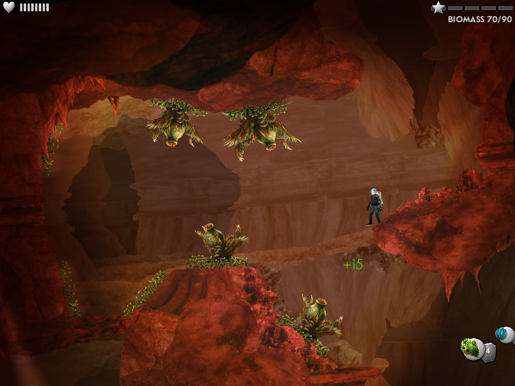 Waking Mars (Windows) screenshot: The Biomass counter in the upper right corner is shown; the 15+ in green shows how much biomass has been contributed to the caves with the last Zoa planted.