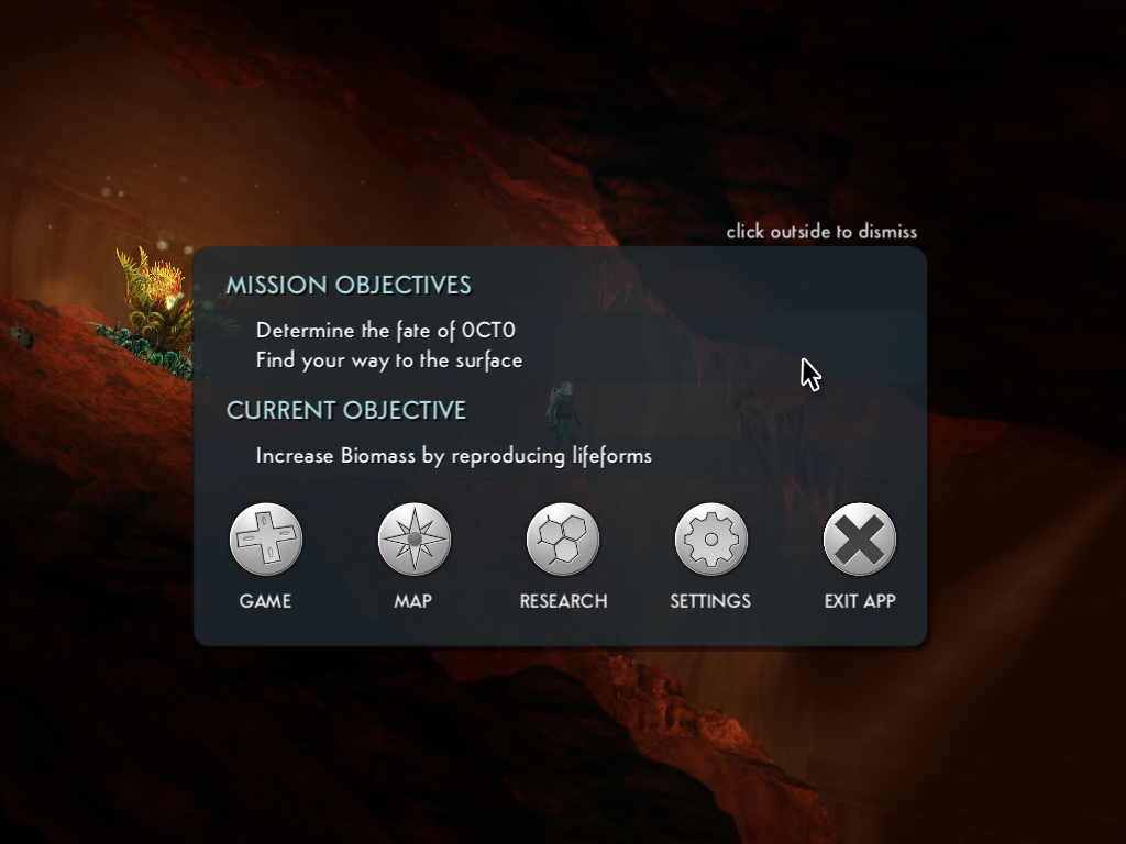 Waking Mars (Windows) screenshot: Mission Objectives screen can be called up anytime. These are the objectives for Chapter 2: A Light in the Dark.