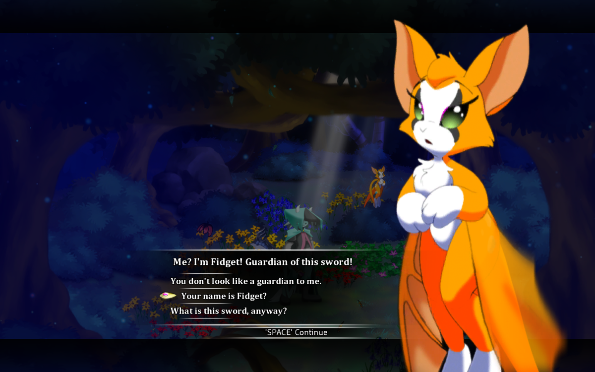 Dust: An Elysian Tail (Windows) screenshot: Fidget is Dust's first friend and comes along for the game to help with story and game mechanics.