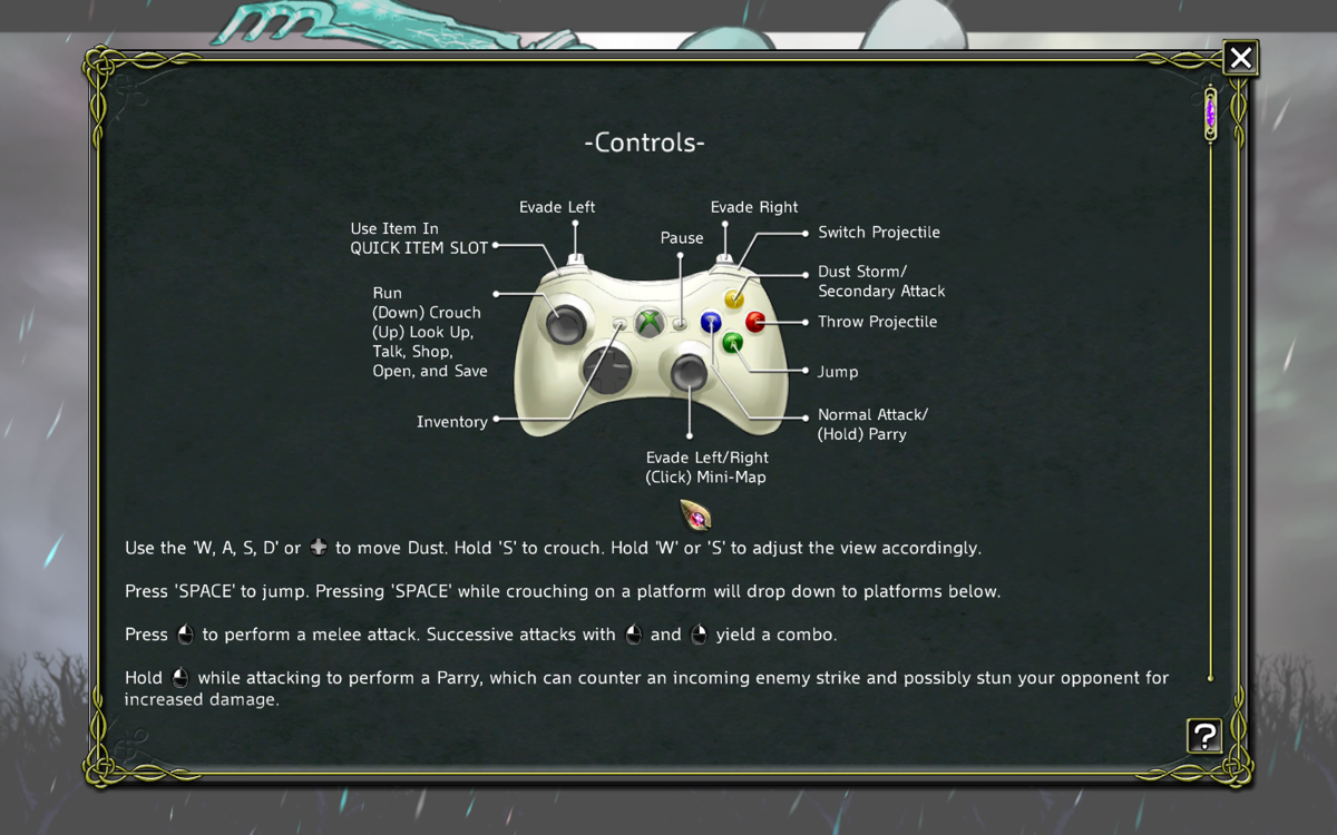 Dust: An Elysian Tail (Windows) screenshot: The game gives players a handy quick reference to the controller functions.