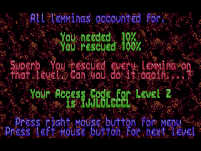Lemmings (FM Towns) screenshot: After completing a level, the game reports what percentage of lemmings you saved, and provides a password to continue from that point in the future.