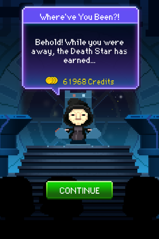 Star Wars: Tiny Death Star (iPhone) screenshot: Each time the game is started the player is informed how much they've made while the game was turned off.