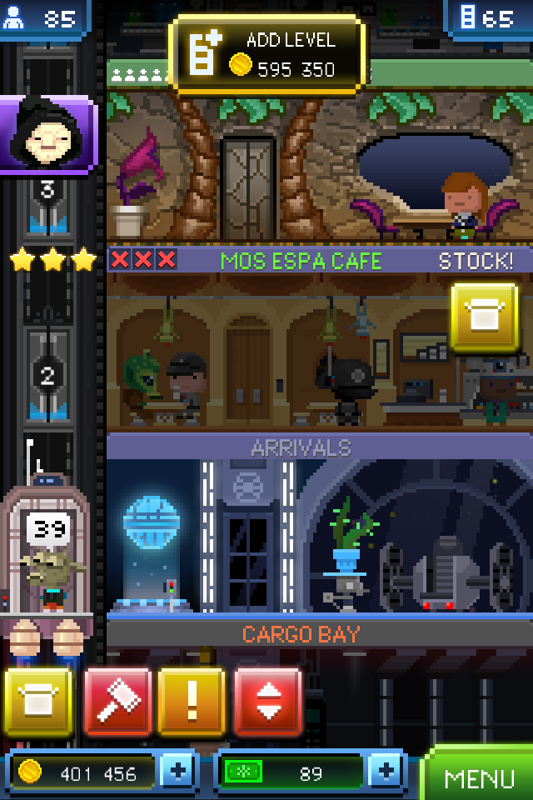 Star Wars: Tiny Death Star (iPhone) screenshot: A Bitizen is waiting to be taken to a specific floor. At the bottom left there are indicators showing that things are ready to be collected or restocked, as well as if floors are out of items to sell.