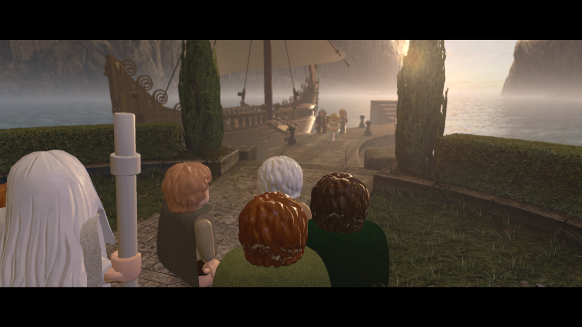 LEGO The Lord of the Rings (Windows) screenshot: Departure of Bilbo and Frodo with the elves. A sad scene, though with a touch of humour