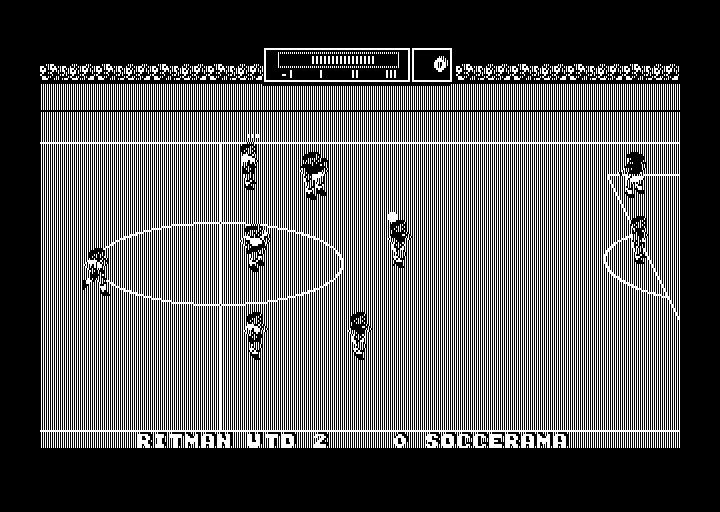 Match Day II (Amstrad PCW) screenshot: Your player is the one with dots above his head