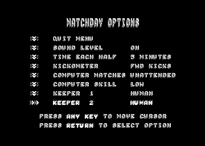 Match Day II (Amstrad PCW) screenshot: Options