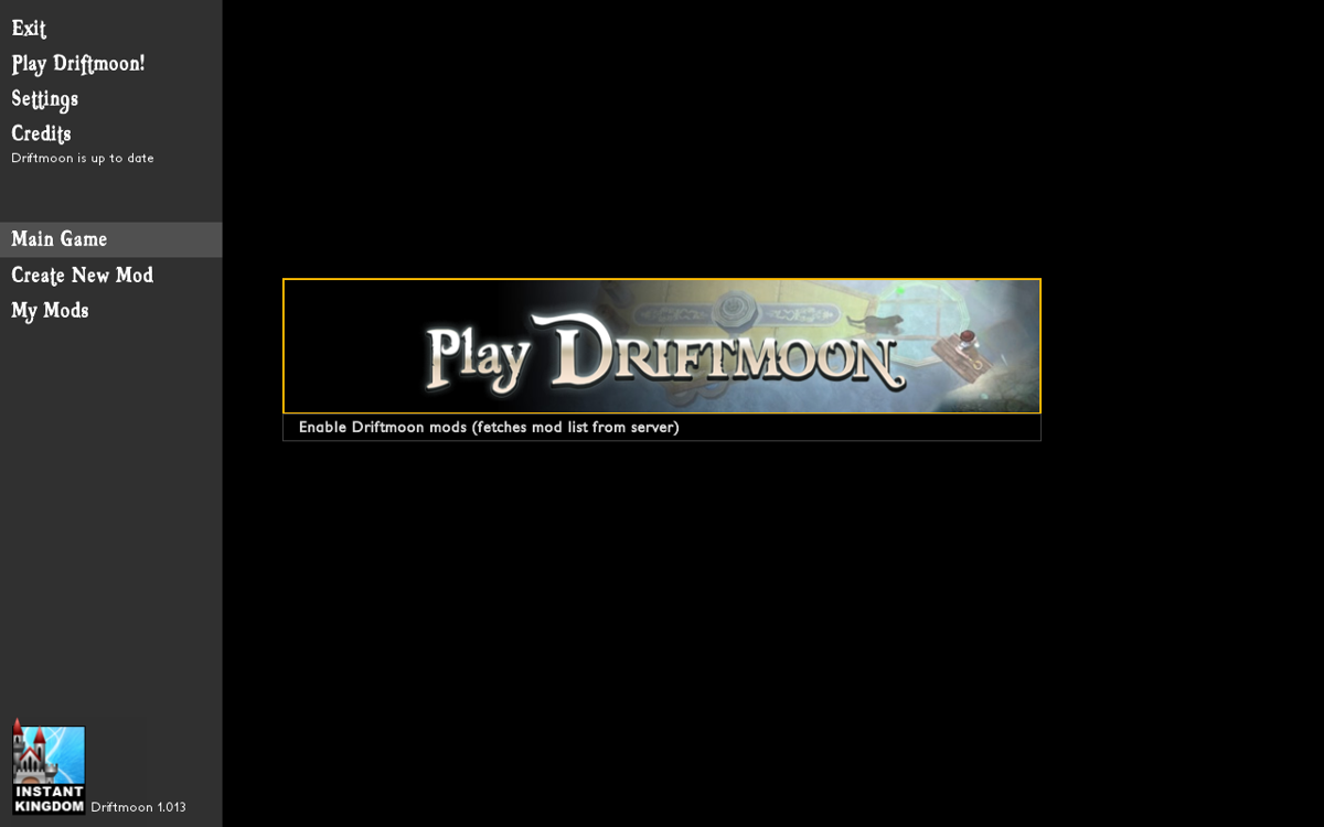 Driftmoon (Windows) screenshot: Main menu screen where you run the game or a mod.