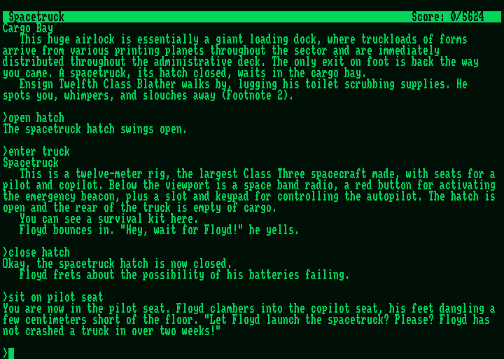 Stationfall (Amstrad PCW) screenshot: After you're in the seat of the spacetruck, sidekick Floyd makes a questionable case for letting him handle the launch.