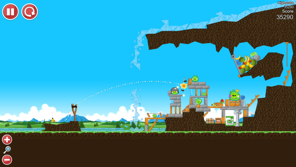 Angry Birds: Breakfast 1 (Windows) screenshot: Black bird blowing extra ability in use