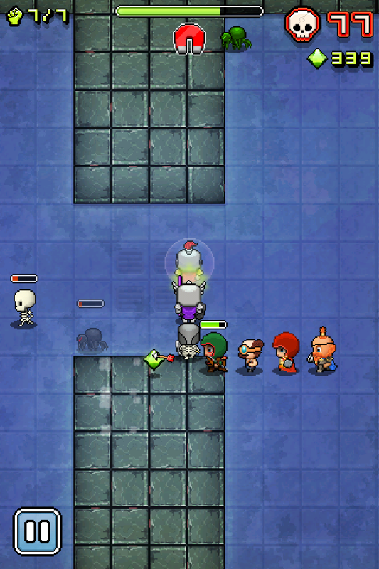 Nimble Quest (iPhone) screenshot: A maxed out party of 7 heroes in the sewers.
