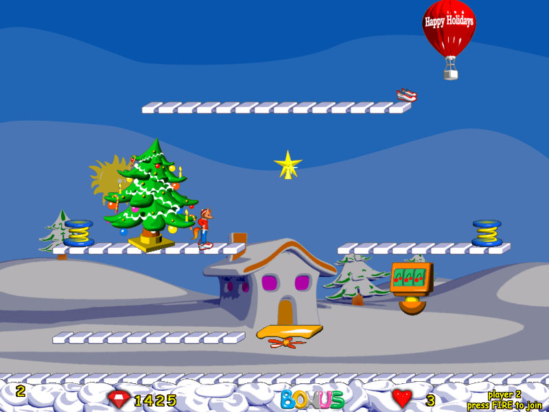 Foxy Jumper 2: Winter Adventures (Windows) screenshot: Level 2: a yellow star appears after you collect all the treasures.