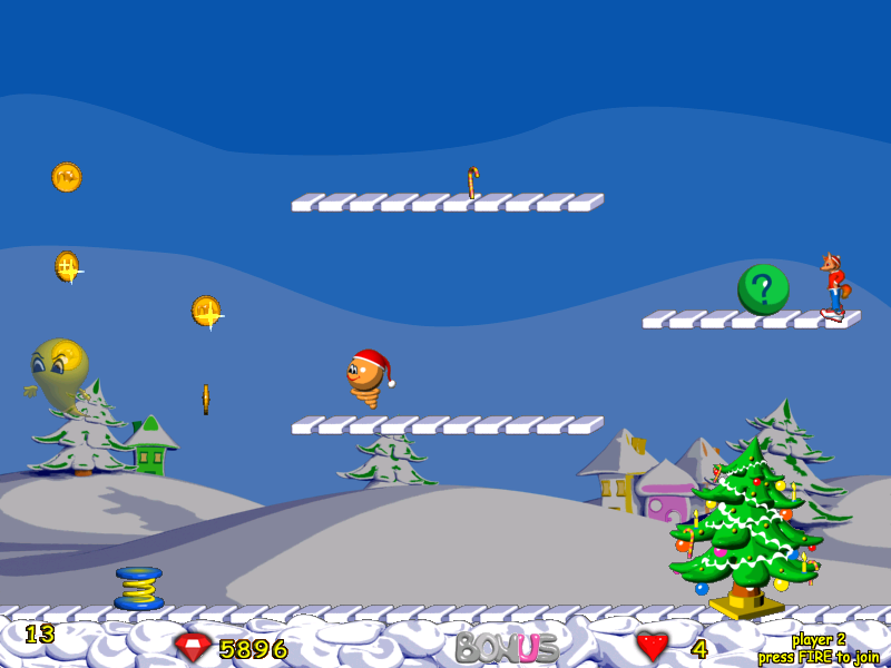 Foxy Jumper 2: Winter Adventures (Windows) screenshot: Level 13: the question mark brings a random thing.