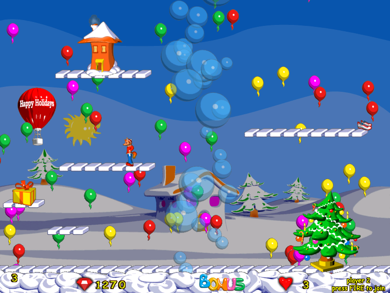 Foxy Jumper 2: Winter Adventures (Windows) screenshot: Level 3: bonus balloons. when you go to the house you get a bonus level.