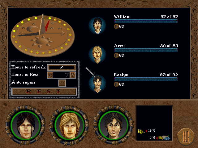 Betrayal in Antara (Windows 3.x) screenshot: Camp menu. Note that the party is fatigued