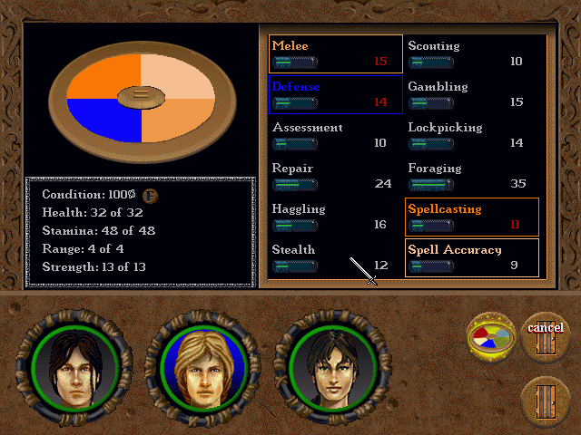Betrayal in Antara (Windows 3.x) screenshot: Skill learning. The pie chart shows nicely what exactly you are aiming for