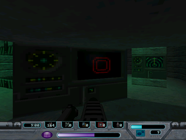 Rebel Moon Rising (Windows) screenshot: The switches which you need to activate to proceed with the mission are marked in red, but otherwise easy to miss, especially in dark areas.