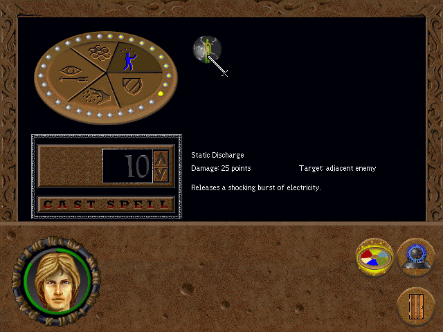 Betrayal in Antara (Windows 3.x) screenshot: Spell menu. Aren is cool with static charges