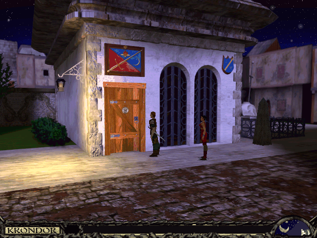 Return to Krondor (Windows) screenshot: Taking Jazhara to the Rich District. Fancy buildings and all...