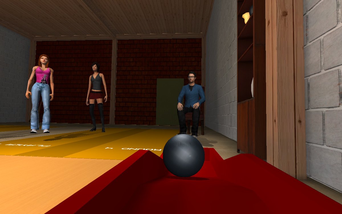 Ninepin Bowling (Linux) screenshot: Having a look at the crowd from the perspective of a bowling bar while rolling back