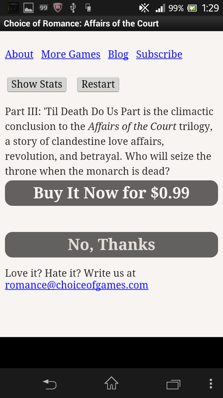 Choice of Romance (Android) screenshot: In-game purchase to unlock the other episodes