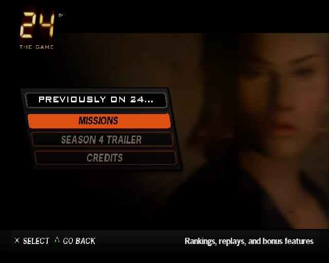 24: The Game (PlayStation 2) screenshot: The 'Previously On 24' option from the main menu gives access to the save-games, a trailer and the credits