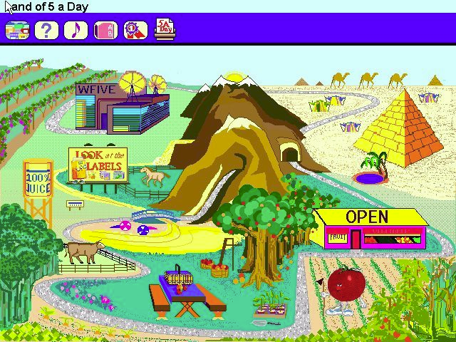 Dole: 5 A Day Adventures (Windows 3.x) screenshot: The Leafy Green Travel Agent takes the player to the 'Land of 5 a Day'