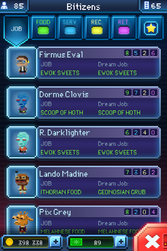 Star Wars: Tiny Death Star (iPhone) screenshot: A list of the Bitizens and where they live and work.