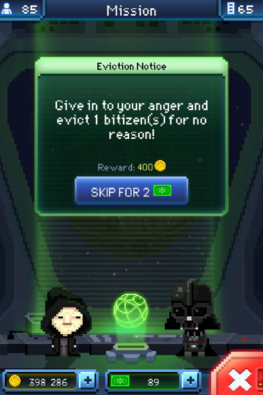 Star Wars: Tiny Death Star (iPhone) screenshot: The Emperor has opinions on what you should be doing to gain his liking.