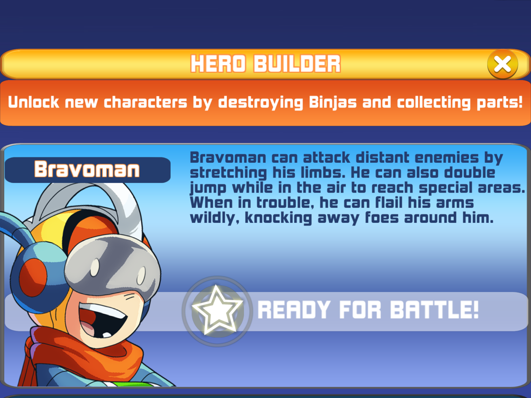 Bravoman: Binja Bash! (iPad) screenshot: Hero Builder, where you start with only Bravoman unlocked