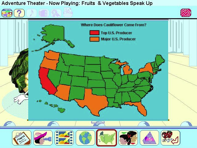Dole: 5 A Day Adventures (Windows 3.x) screenshot: The Adventure Theater. The player selects a vegetable/fruit from a menu bar that runs along the bottom of the screen. Once chosen the player can then view relevant information and pictures