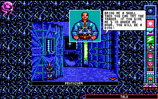 Chamber of the Sci-Mutant Priestess (DOS) screenshot: A Protozorq reminds you of your objective