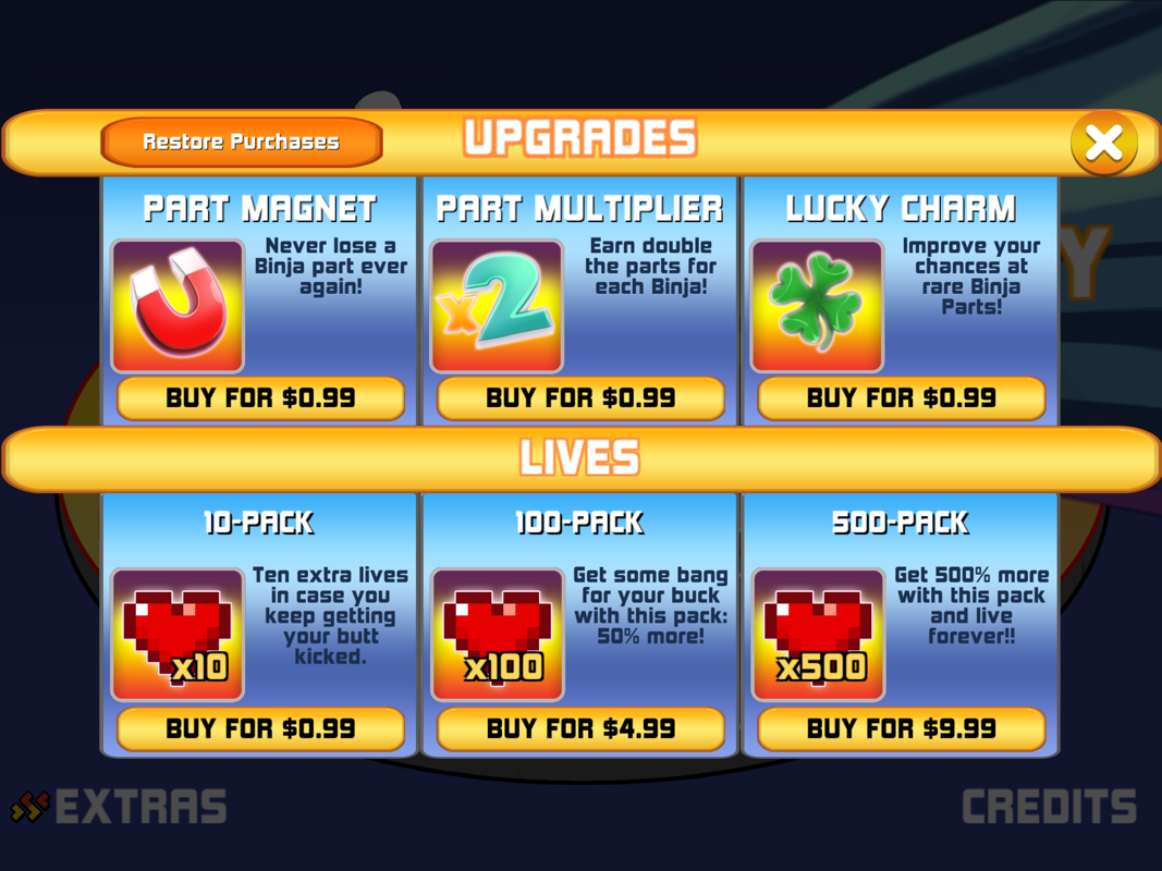 Bravoman: Binja Bash! (iPad) screenshot: Buy game "upgrades"