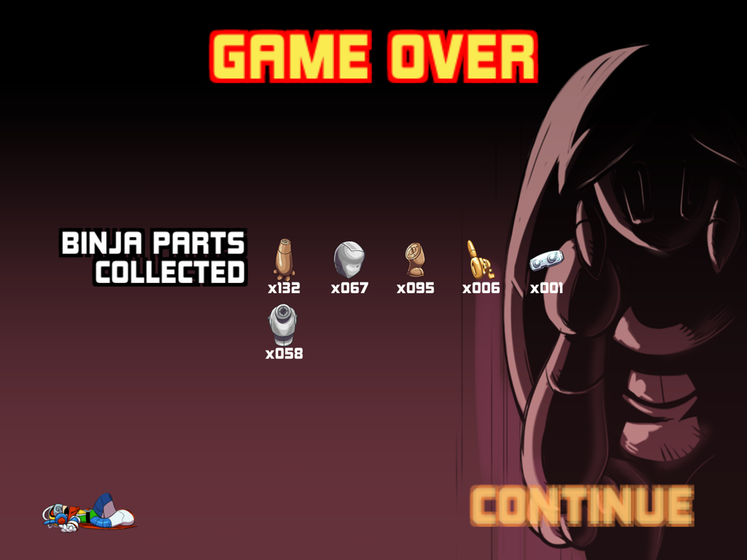 Bravoman: Binja Bash! (iPad) screenshot: Even when it's game over, you still get to keep the robot parts you collected