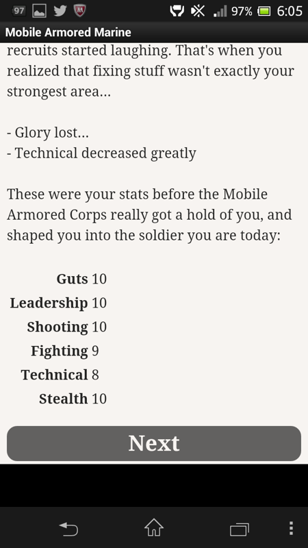 Mobile Armored Marine (Android) screenshot: The character's statistics at the end of basic training