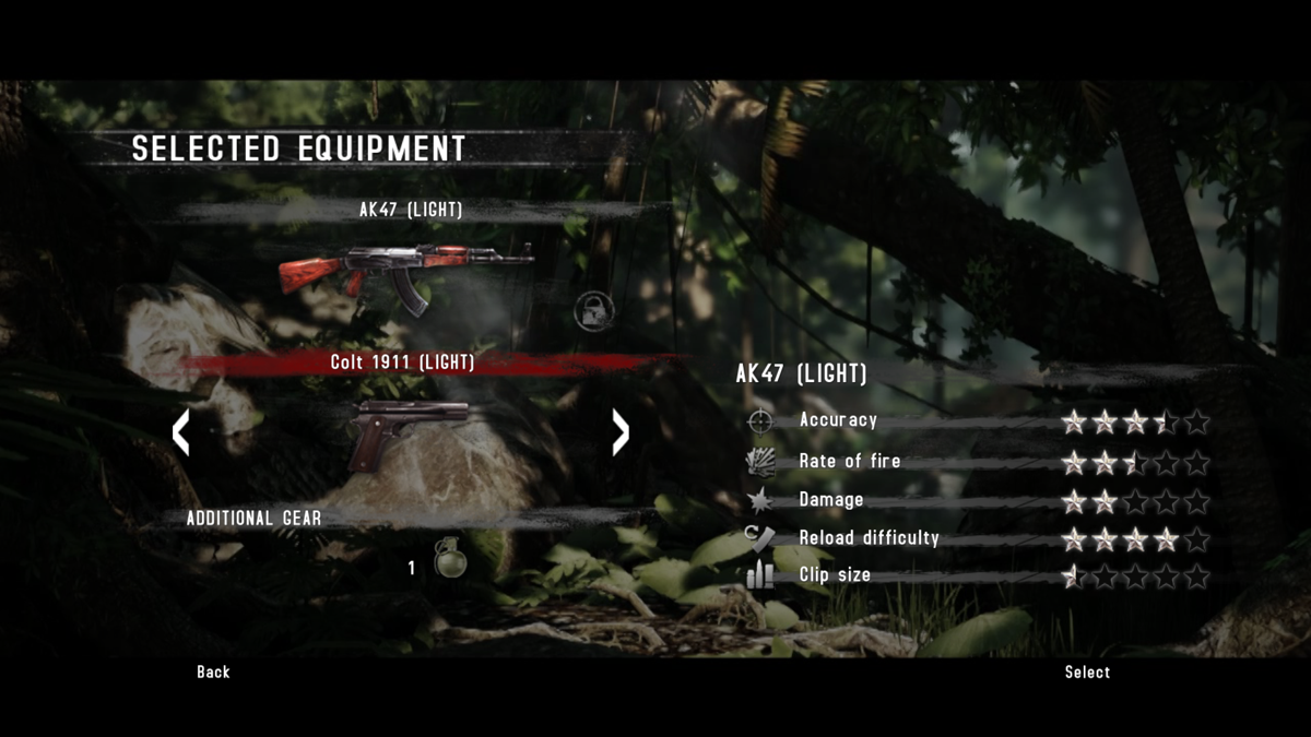 Rambo: The Video Game (Windows) screenshot: You can select a secondary weapon before each mission. Unfortunately, this feature is absolutely useless