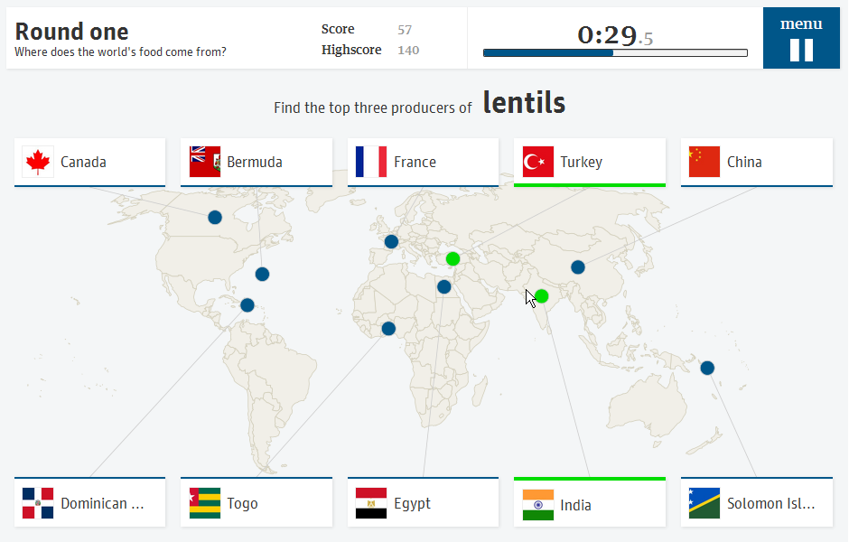 the globaldevelopment food game (Browser) screenshot: These two were easy, no idea which is the third one.