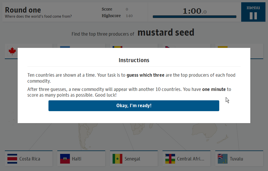 the globaldevelopment food game (Browser) screenshot: Round one - instructions.