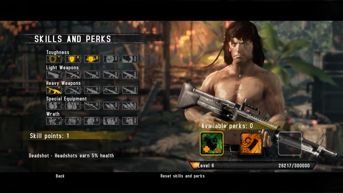 Rambo: The Video Game (Windows) screenshot: Skills and perks screen